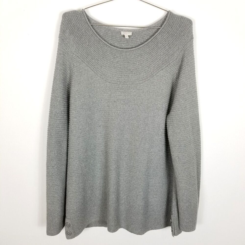 Talbots‎ Women Plus Cotton Blend Pullover Size 2X Gray Ribbed Lurex Sweater